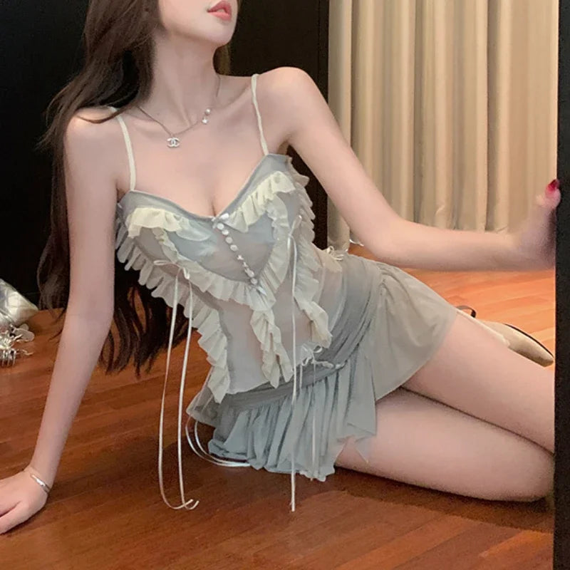 Lunivop Summer New High Street Pleated Lace-up Mesh Irregular Mini Skirt Women + Patchwork Sexy Slim Camisole Two-piece Suit