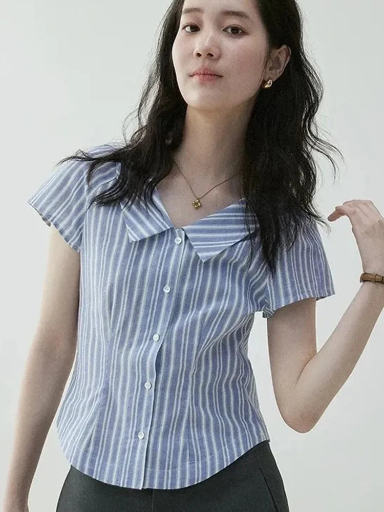 Lunivop Preppy Style Women Striped Shirt Casual Vintage Short Sleeve Slim Blouse Summer Retro Korean Female Sweet Simple Tops New
