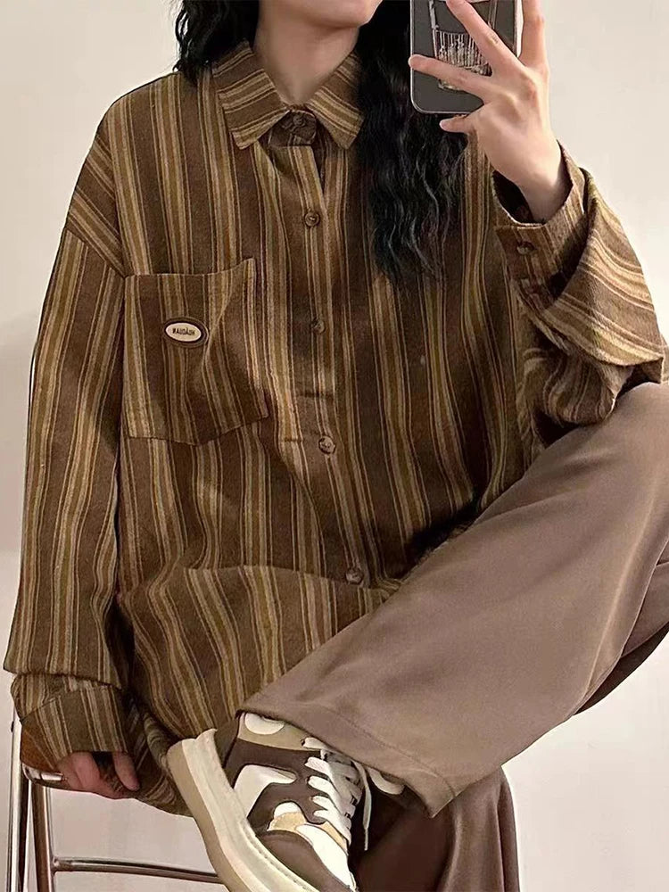 Lunivop Vintage Y2K Striped Shirt Women Harajuku Oversize Loose Japan Blouse Casual Long Sleeve Streetwear Bf Pocket Design Tops