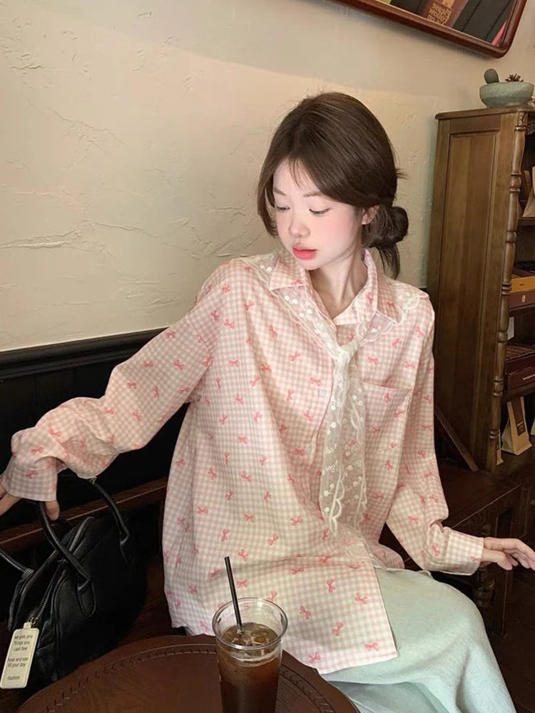 Lunivop Bow Print Plaid Shirts Women Casual Sweet Lace Shawl Long Sleeve Blouse Korean Fashion Loose Preppy Style Cute Chic Tops