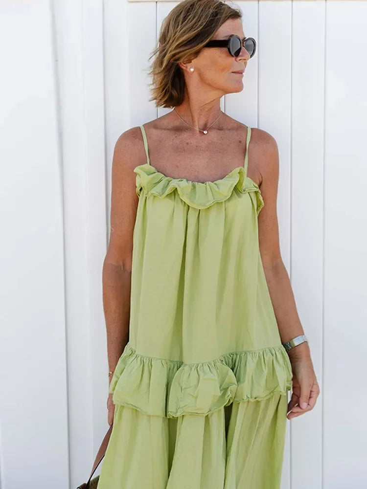 Lunivop   Ruffle Pleated Sling Midi Dress Women Elegant Sleeveless Backless Loose Robes 2025 Summer Female Vacation Beach Party Long Dress