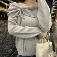 Lunivop  Deeptown Korean Style Coquette Knitwear Pullovers Women Sweet Slash Neck Long Sleeve Sweaters Autumn Winter 2000s Grey Jumper