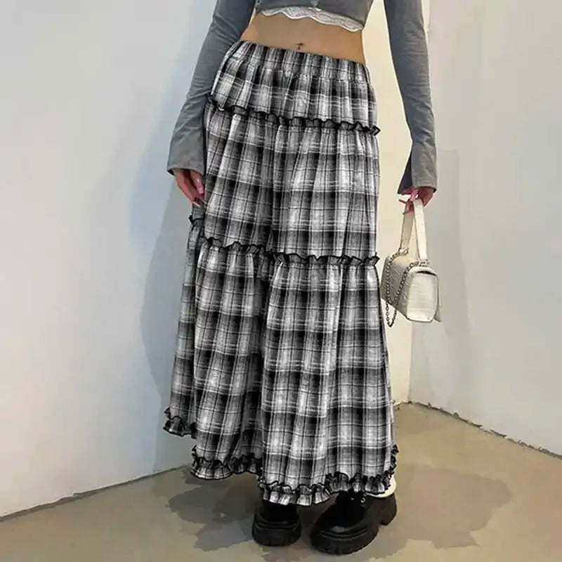 Lunivop Streetwear Contrast Color Plaid Sexy A-line Skirt Women 2024 Autumn New Korean Pleated Loose All Match Mid-length Skirt