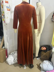 Lunivop  Velvet Maxi Dress Women Vintage Fashion Notched Collar 3/4 Sleeve Single Breasted Empire Waist Fit Flare Party Long Robe Vestido