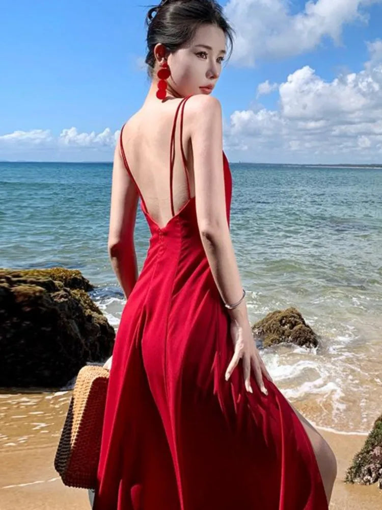 Lunivop Sexy Pleated Silk Fashionable Slimming Split Dresses Photography Supernatural Desert Open-Back Dress Women Elegant Long New