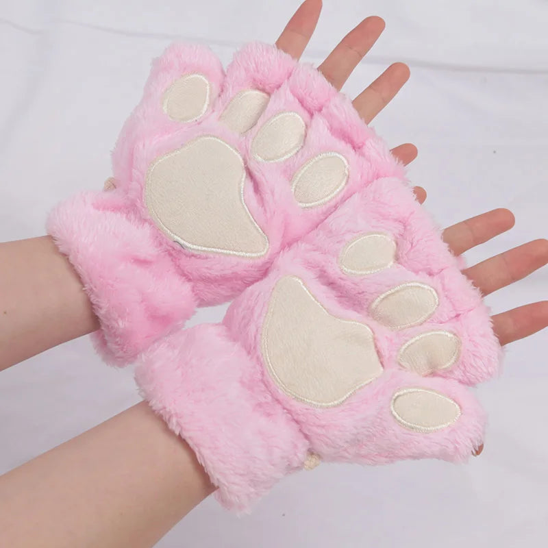 Lunivop Women Cartoon Cat Claw Gloves Thickened Plush Lovely Style Bear Paw Exposed Fingers Half Winter Mittens Warm Girls Gift Gloves