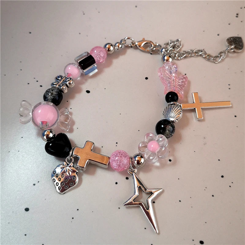 Lunivop Goth Aesthetic Black Cat Star Love Ceramic Acrylic Colorful Beaded Chain Bracelet Girl 2000s EMO Charm Jewelry Y2K Accessories