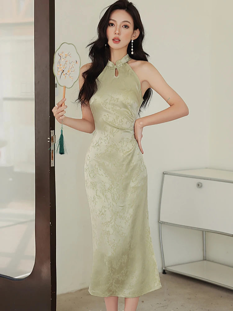 Lunivop  Women Pink Acetate Satin Elegant Jacquard Long Dress Summer Sleeveless Chic Neck-mounted Dress Korean Luxury Evening Dress