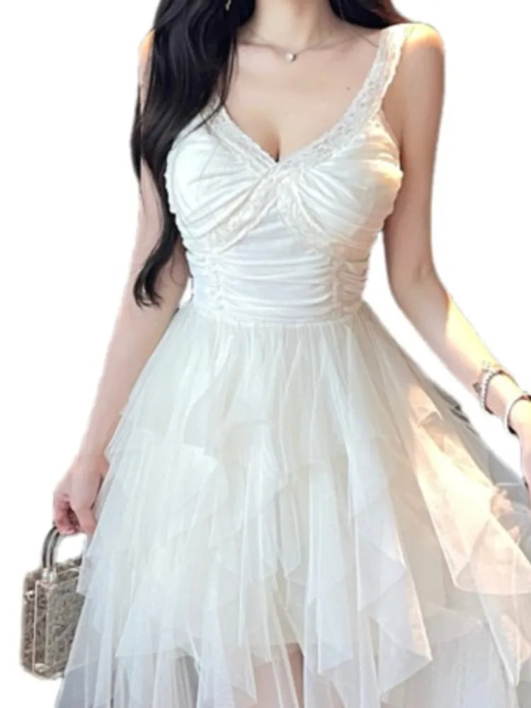 Lunivop  Patchwork V Neck Sleeveless Slim Elegant Backless Spring Summer Women's Short Front Long Back Party White  Sing Dress