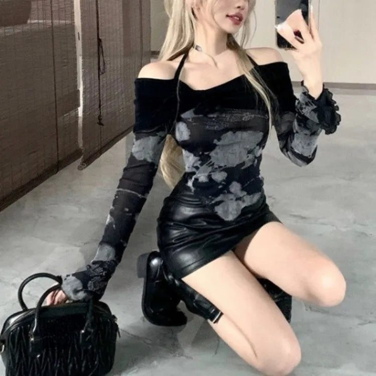Lunivop  Korean Sexy Halter Off Shoulder T-shirts Spring Autumn New Slim Fit Print Black Tee Shirt Y2k Grunge Long Sleeve Tops Women