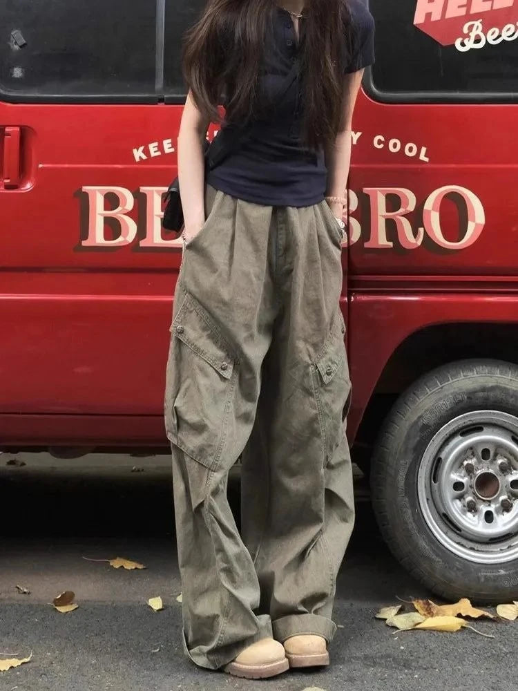 Lunivop  American Retro Large Pocket Denim Cargo Pants Women Spring Autumn Straight High Waist Loose Wide Leg Casual Trousers Streetwear