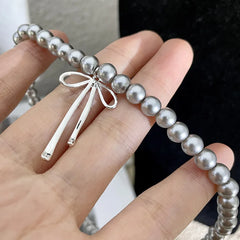 Lunivop Goth Harajuku Cute Y2K Aesthetic Bowknot Pendant Grey Pearl Beaded Rope Chain Necklace for Girl Choker Cool 90s EMO Accessories