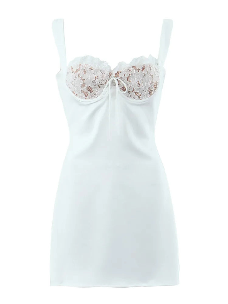 Lunivop  Women V neck Backless Party Skater Short Sling Dress Sexy Stitching Lace Bra Corset Style Spaghetti Strap Mini Dresses