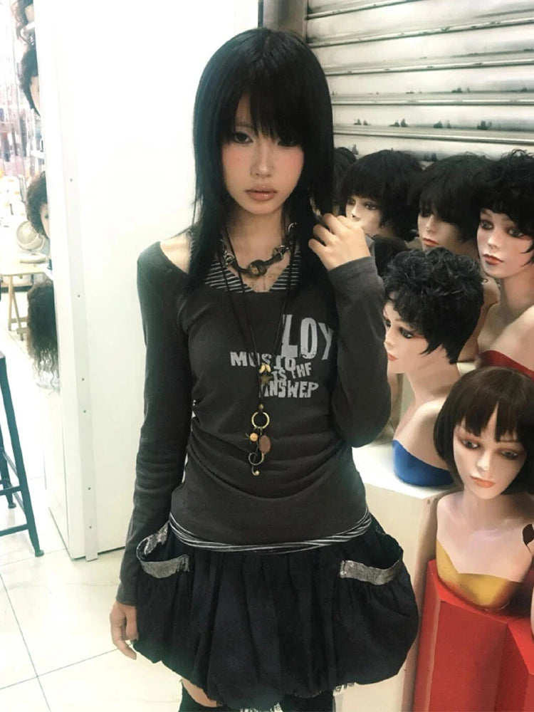 Lunivop Y2k Japanese T Shirt Women Patchwork Fake Two Pieces Tops Streetwear Vintage Grunge Graphic Tops Autumn American Retro