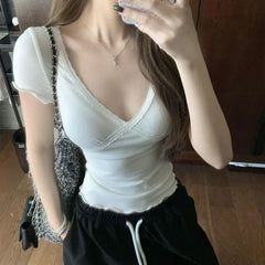 Lunivop  Summer Fashion Lace V Neck Ruffle Short Sleeve Shirts American Subcultural Print Slim Waist Y2k Aesthetic Tops Harajuku Tees