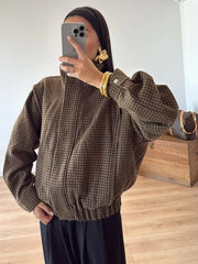 Lunivop  Vintage Plaid Women's Jacket Chic Stand Collar Zipper Short Coat Long Sleeve Bomber Jackets Outwear New Lady Casual Coats ﻿