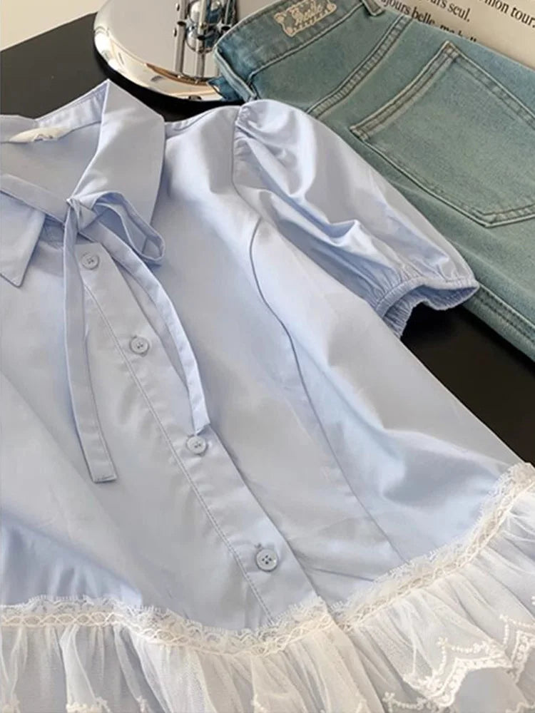 Lunivop  Casual Sweet Blue Shirt Women Cute Lace Patchwork Bow Blouse Vintage French Preppy Style Short Sleeve Elegant Kawaii Tops