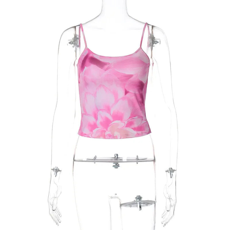 Lunivop Tie Dye Floral Print Spaghetti Summer Vacation Beach Cami Crop Top Y2K Streetwear Women 2024 Thin Daily Outfit