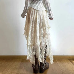Lunivop  Chic Irregular A-line Skirts Fashion Holiday Skirts Women Vintage Ruffles Floral Kintted Lace Streetwear TeenGirl Y2K Skirt