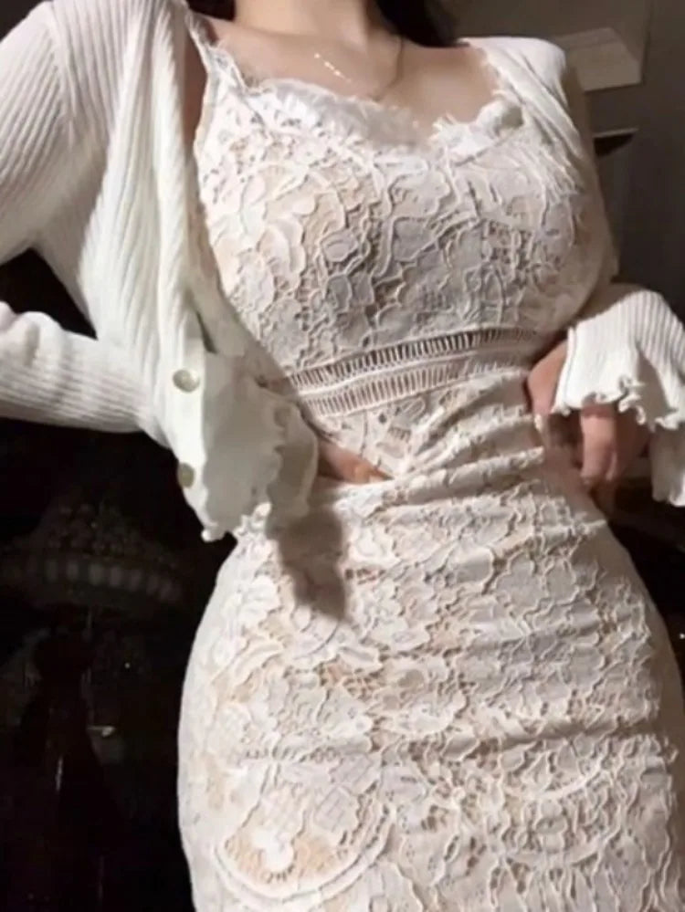Lunivop  Vintage Lace Slim Fit Bodycon Camisole Dress for Women+ Y2k Long Sleeve Sun Protection Cardigan Summer New Two Piece Sets