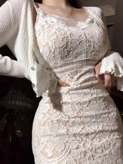 Lunivop  Vintage Lace Slim Fit Bodycon Camisole Dress for Women+ Y2k Long Sleeve Sun Protection Cardigan Summer New Two Piece Sets