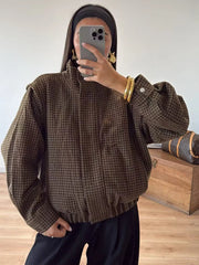 Lunivop  Vintage Plaid Women's Jacket Chic Stand Collar Zipper Short Coat Long Sleeve Bomber Jackets Outwear New Lady Casual Coats ﻿