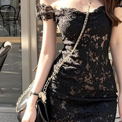 Lunivop  French Hepburn Style Lace Hollow One-shoulder Dress for Women Pure Sexy Sexy Hot Girl Waist-hugging Short Skirt