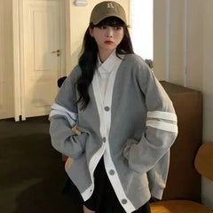 Lunivop Varsity Cardigan Sweater for Women Long Sleeve V-Neck Button-up Knit Slouchy Cardi Korean School-girl Preppy Fall Winter Outfit