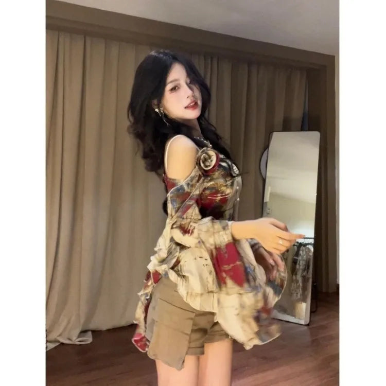 Lunivop  Elegant Vintage Oil Painting Blouses 2025 Summer New Shirts Women Irregular Skew Collar Off Shoulder Blusas De Mujer