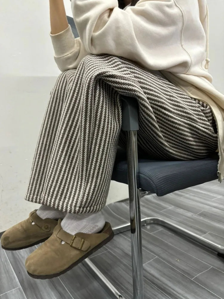 Lunivop Streetwear Vertical Stripe Pants Women Spring Y2k Aesthetic Drawstring Casual Trousers High Waist Harajuku Vintage Pantalones