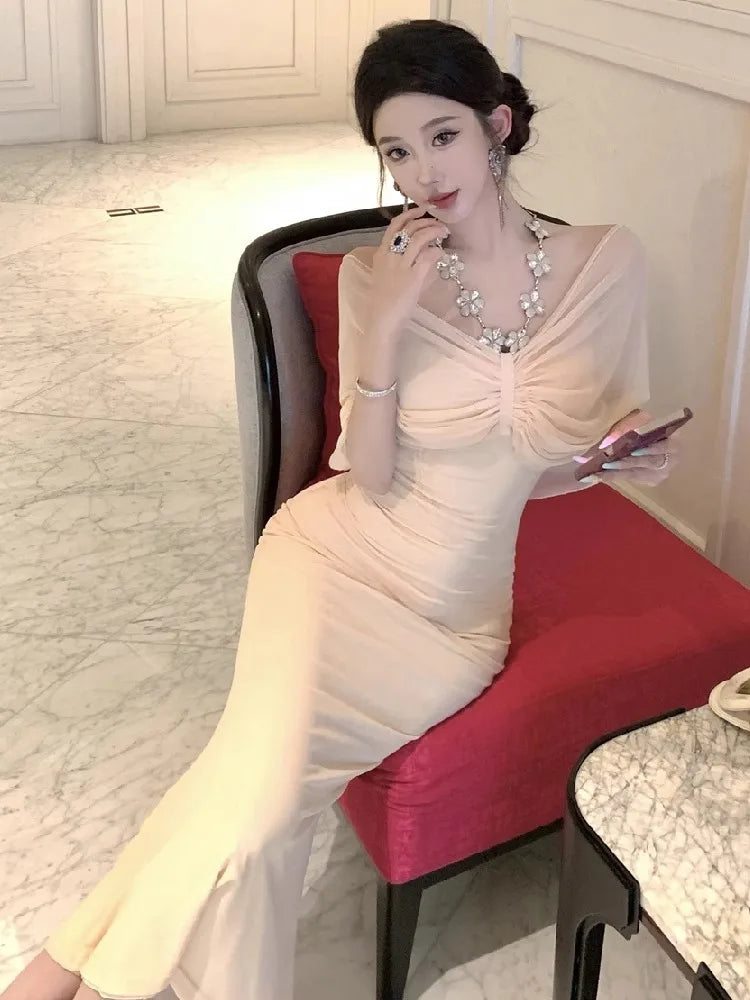 Lunivop  Woman Dress V Neck Mesh Patchwork Summer Fashion French Style Elegant Party Dresses Female Temperament Sexy Ladies