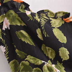Lunivop  Retro French Black with Green Leaves Floral Print Mini Dress Sexy Women Wood ear Ruffles Hem Tide Bow Strap Sling Holiday Robe