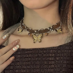 Lunivop Butterfly Necklace Brown Vintage Choker Neck Loop Premium Leather Clavicle Chain Kpop Metal