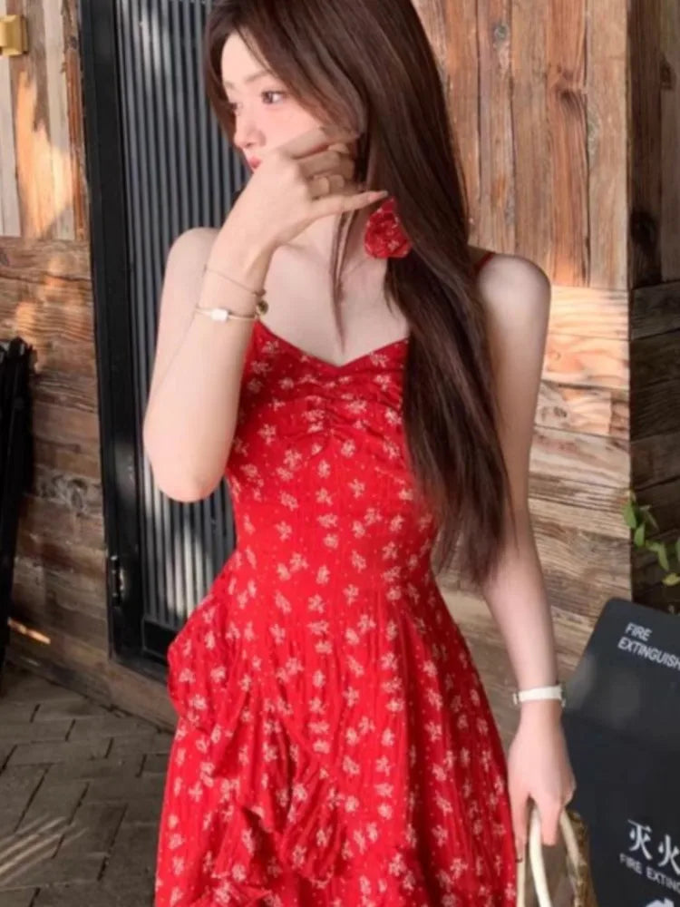 Lunivop  French Two Piece Set  Floral Printed Red Strap Camisole Dresses Summer Sweet Girl Waist Slimming Irregular Slit A-line New