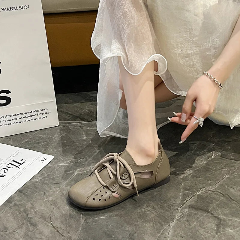 Lunivop Retro Fashion Hollow Out Breathable Soft Sole Women's Shoes New PU Lace Up Comfortable Flat Bottom Casual Shoes for Women