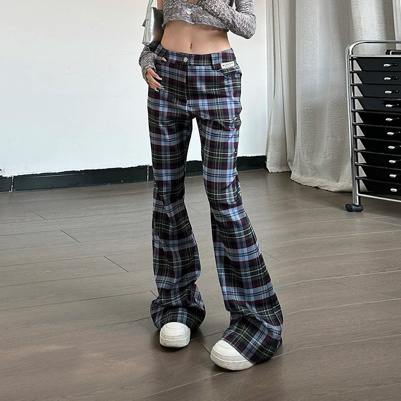 Lunivop Plaid Printed Slim Fashion Flare Pants High Waist Vacation Casual Streetwear Daily Basic Leggings Clohtes For Women