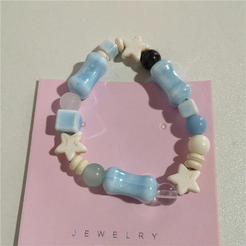 Lunivop Cute Y2K Harajuku Aesthetic Pink Acrylic Ceramic Star Beaded Bracelet For Girl EMO 2000s Charm Jewelry Accessories Birthday Gift