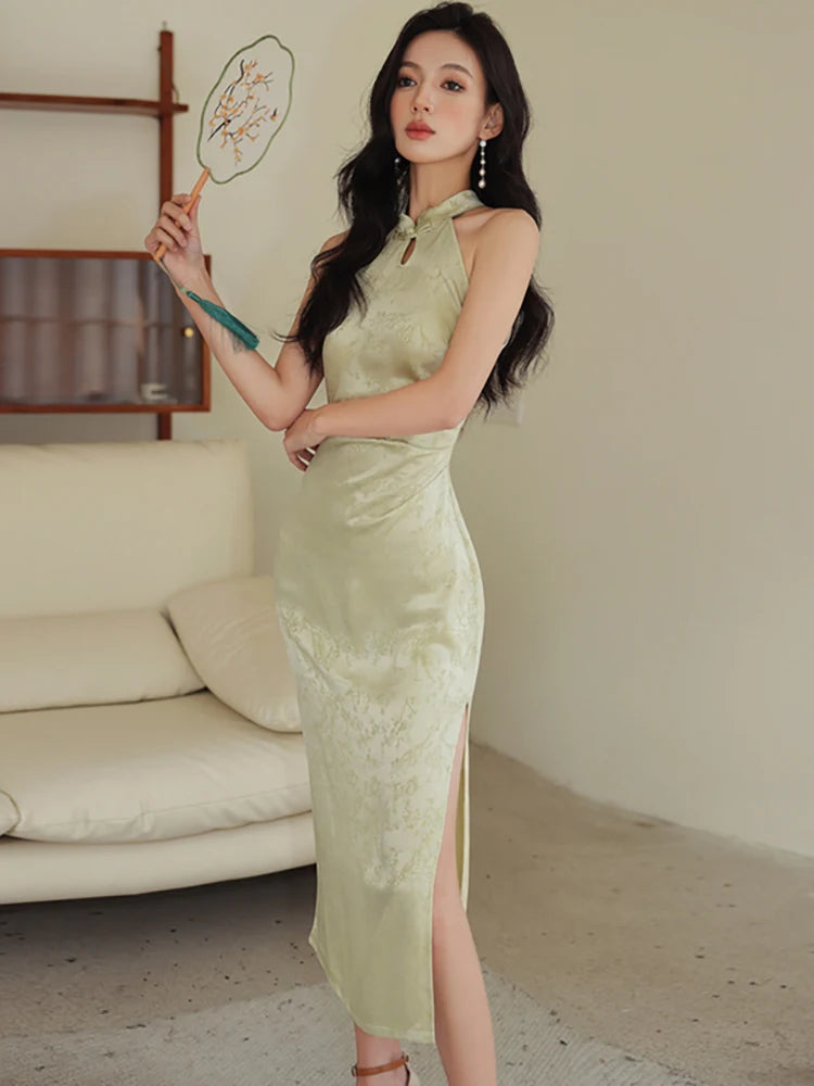 Lunivop  Women Pink Acetate Satin Elegant Jacquard Long Dress Summer Sleeveless Chic Neck-mounted Dress Korean Luxury Evening Dress