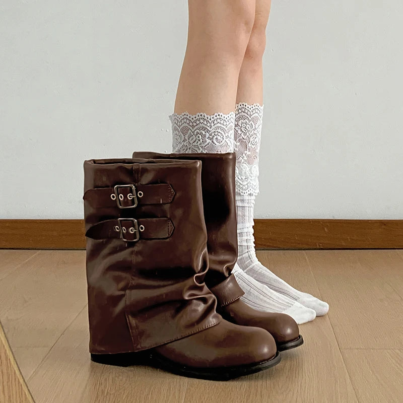 Lunivop  Vintage Thick Heel Women Western Ankle Boots Eelgant Belt Buckle Shoes Ladies Cosy Soft Leather Short Booties