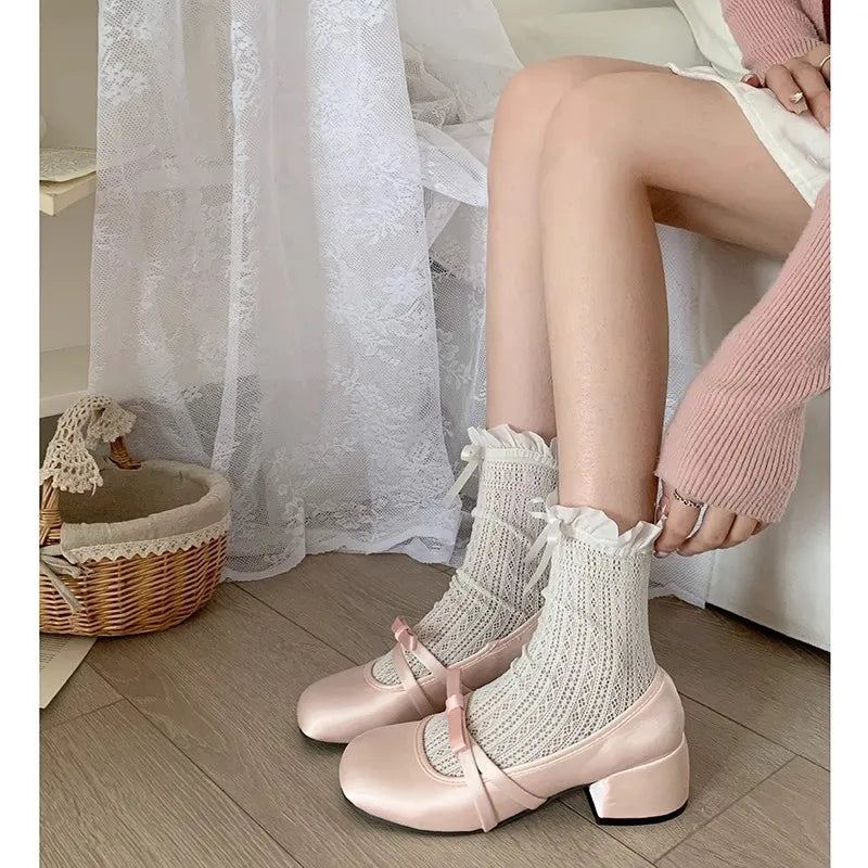 Lunivop Women Chunky Heel Shoes New Fashion Bowknot Strap Mid Heels Women Mary Jane Shoes Dress Shallow Mouth Ladies Ballet Shoes