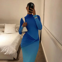 Lunivop Autumn Winter Maxi Dress Women Fashion Blue Gradient Long Sleeve Slim Dress Elegant Turtleneck Evening Party Dresses 2024