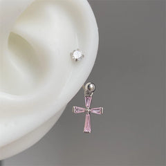 Lunivop 1PCS Pink Zircon Cross 316L Stainless Steel Annular Ear Bone Nail New Fashion U-shaped Earrings for Women Y2K Punk Jewelry