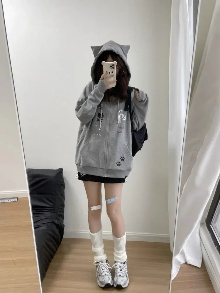 Lunivop Kawaii Sweet Gothic Hoodies Women Japanese Style Y2k Harajuku Cute Cartoon Print Zipper Hooded Loose Sweatshirt New