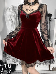 Lunivop  Gothic Lolita Girl Lace Trim Velvet A-Line Dress Women Sexy Perspective Long Sleeve V Neck Slim Mini Dress Cosplay Party Costume