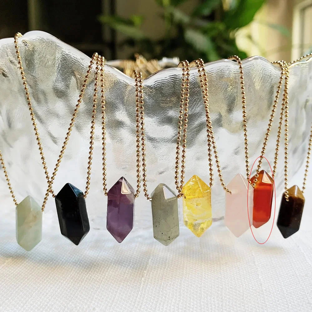 Lunivop Natural Stone Quartz Crystal Amethyst Tiger Eye Stone Hexagonal Column Pendulum Pendant Necklace for Women Fashion Jewelry