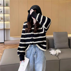Lunivop Button Front Striped Hood Cardigan Sweater for Women Long Sleeve Button-up Knitted Sweater Jacket Fall Winter Casual Outfit