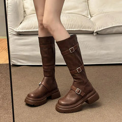 Lunivop Winter Platform Slip on Women Knee High Boots New 2025 Fashion Belt Buckle Thick Heels Knight Long Booties Ladies Shoes Zapatos