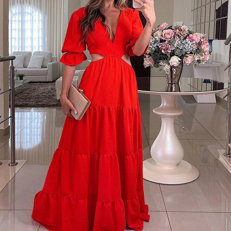 Lunivop  Flare Sleeve Women Summer Dresses Deep V Neck Maxi Sundresses Solid Color Casual Hole Waist High Waist A-Line Dress