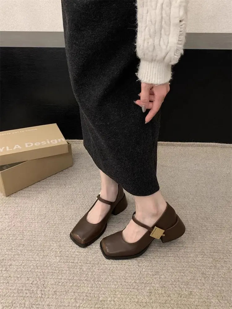 Lunivop Autumn New Women Fashion Square Toe Close Toe Ankel Strap Mules Ladies Elegant Mary Jane Ballet Shoes Mid Heel Dress Pumps