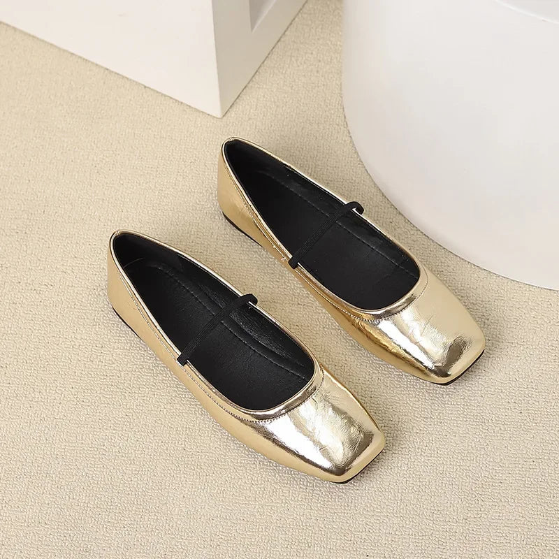 Lunivop New Women Mary Janes Soft Sole Flats Ladies Retro Square Toe Silver Gold Party Leather Loafers Elegant Slip-on Ballet Shoes